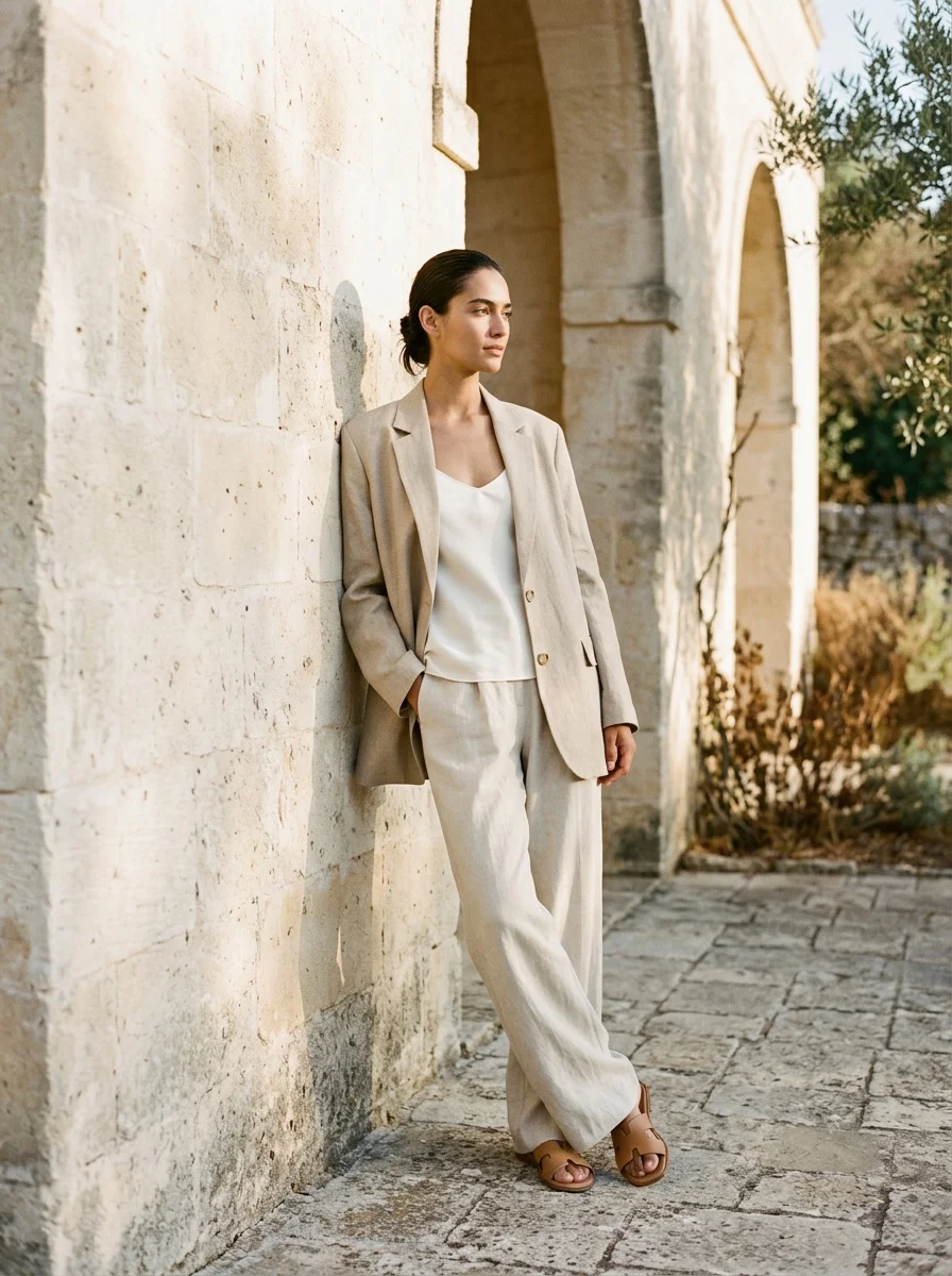 Fashion editorial of a model in a sculptural beige suit against a sunlit stone backdrop